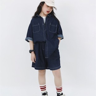 童装女童牛仔套装2024夏装新款中大童短袖短裤休闲宽松衬衫两件套