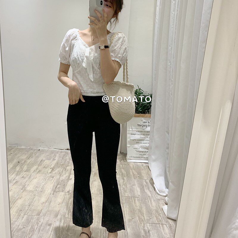 SPG免邮 炒鸡好看哦~显瘦百搭复古 高腰修身磨边九分喇叭牛仔裤女