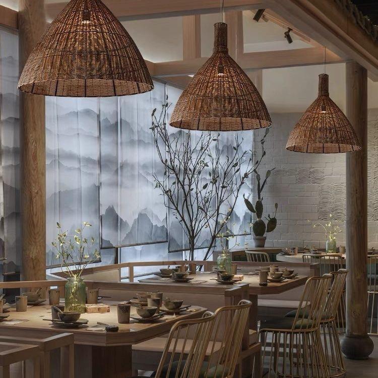 侘寂风民宿吊新中式复古藤编吊灯灯酒店大堂吧台装饰餐桌东南亚灯