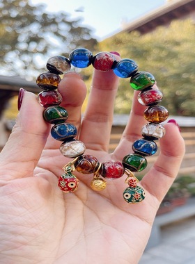 秦霄贤同款香灰琉璃手链女五彩多宝吞金兽手串情侣款手链