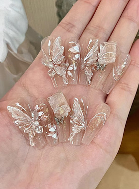 爆款穿戴甲成品ins高级感蝴蝶珍珠手工美甲甲片辣妹穿戴式指甲片