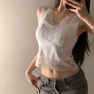 带胸垫内搭V领外穿显瘦无袖 蕾丝法式 修身 性感美背新款 上衣女 夏季