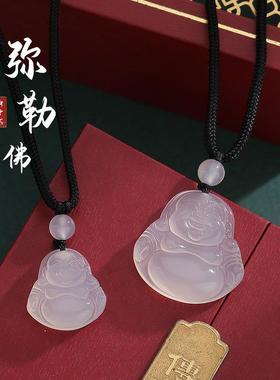 民升 天然玉髓大肚佛吊坠手工编织黑绳弥勒佛项链简约锁骨链礼物