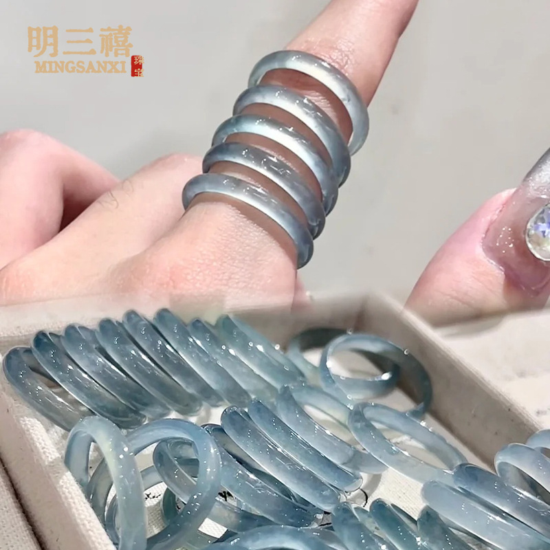 天然老坑A货翡翠蓝水戒指男女款