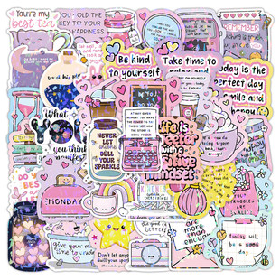 200张可爱卡通文字引语美学贴纸镭射英文图案diy装饰手账素材贴画
