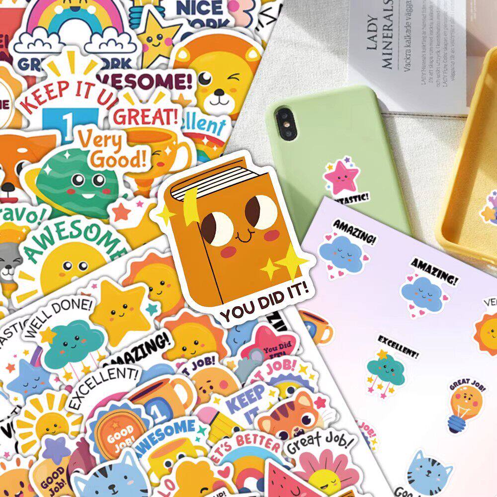 80张儿童奖励贴纸卡通英文励志小图案学习表扬装饰手账行李箱标签