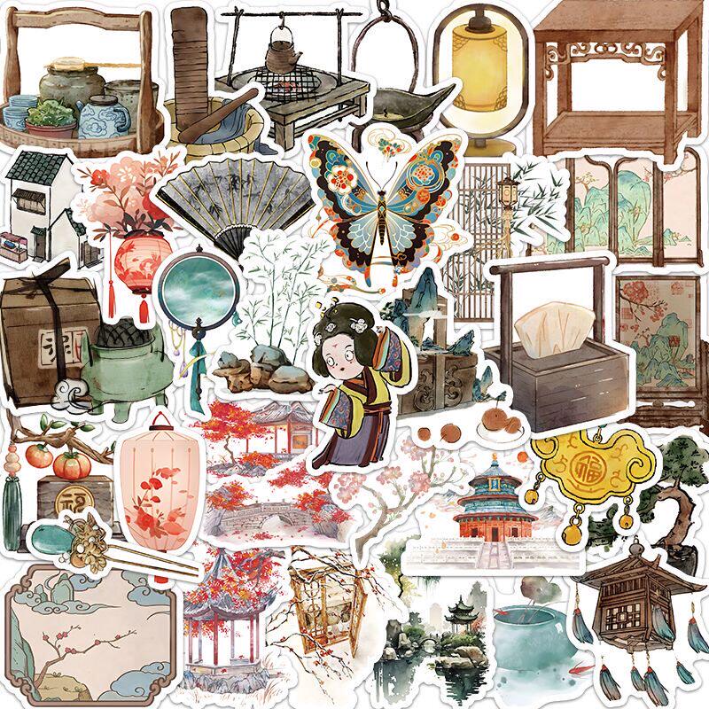 280张古风怀旧贴纸国风建筑灯笼风筝diy传统文化小物件卡通防水