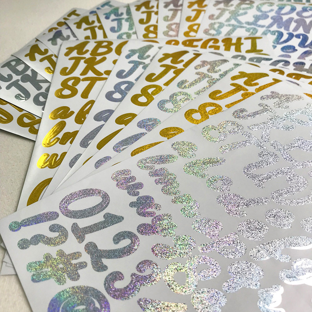 1英寸手写字体镭射细沙金银粉贴纸节日派对DIY礼品字母数字贴纸
