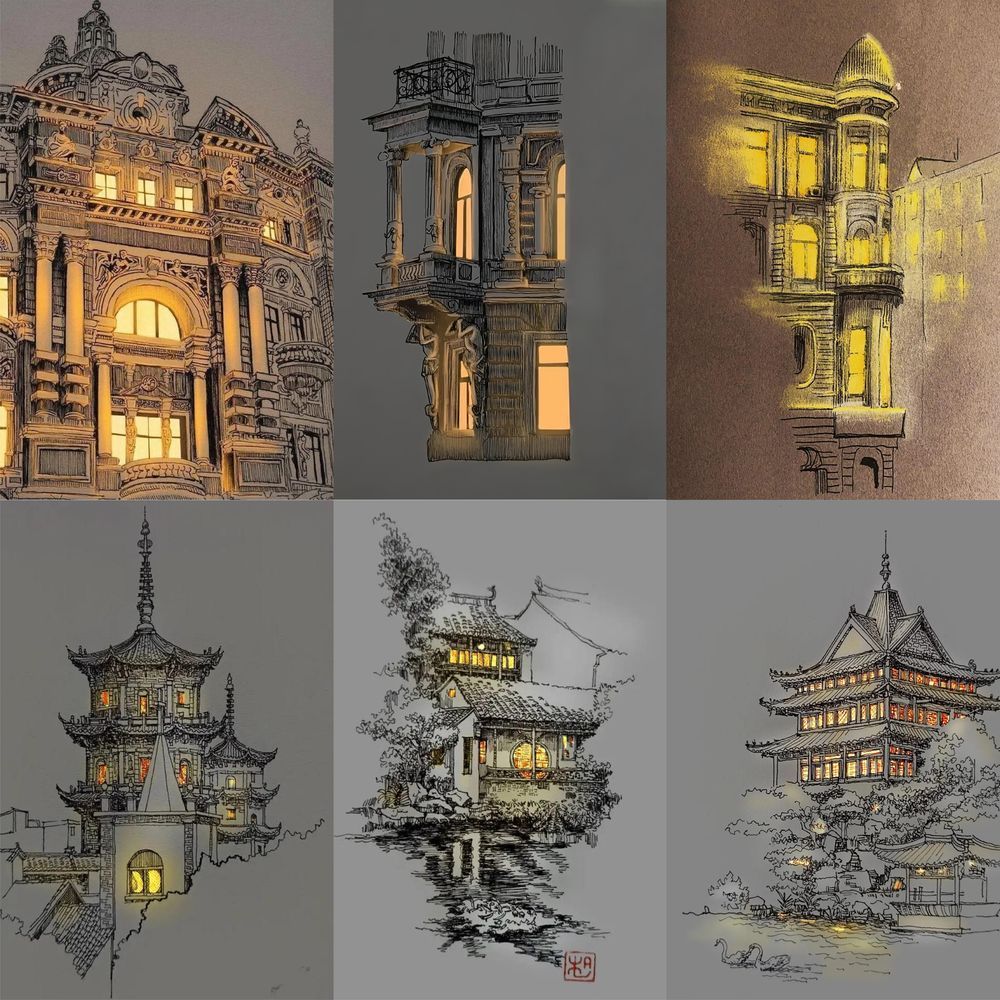 120张建筑发光速写绘画素材创意贴纸装饰手机壳DIY手账本贴画