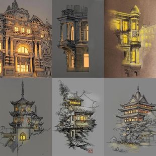 120张建筑发光速写绘画素材创意贴纸装饰手机壳DIY手账本贴画