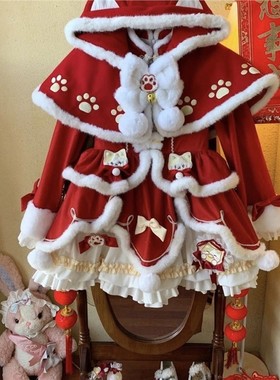 【泡泡熊原创设计】招财猫未命名新年战袍加绒红色lolita可爱lo裙