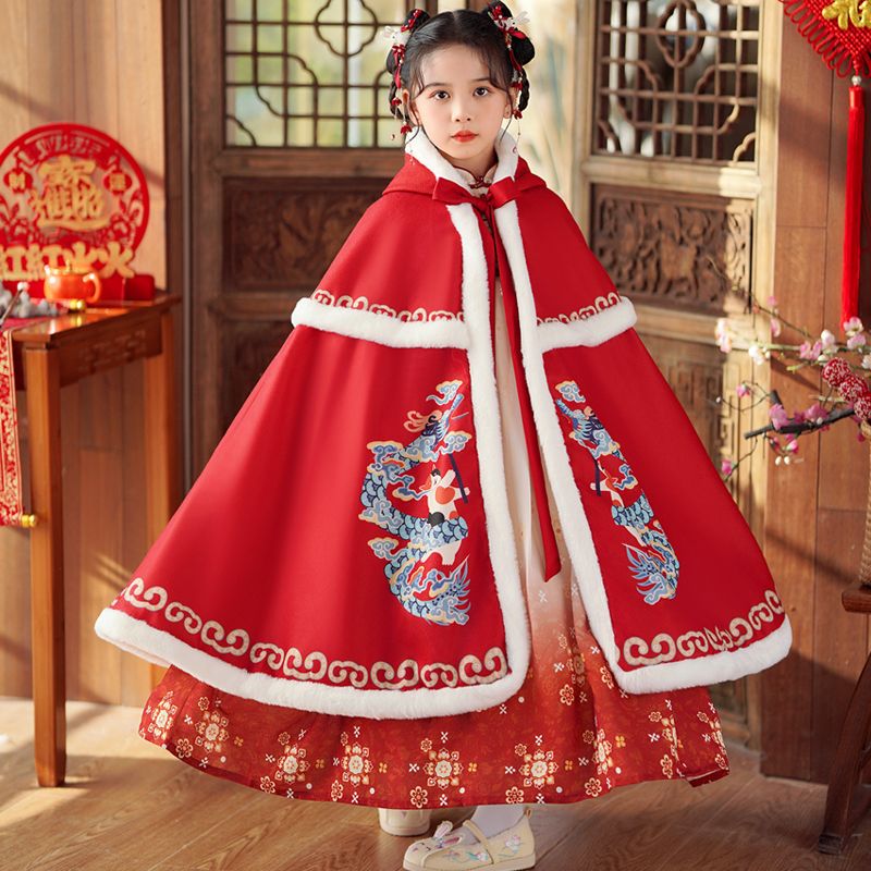 汉服斗篷女童红色喜庆披风冬季外出女孩披肩加厚冬季中国风拜年服