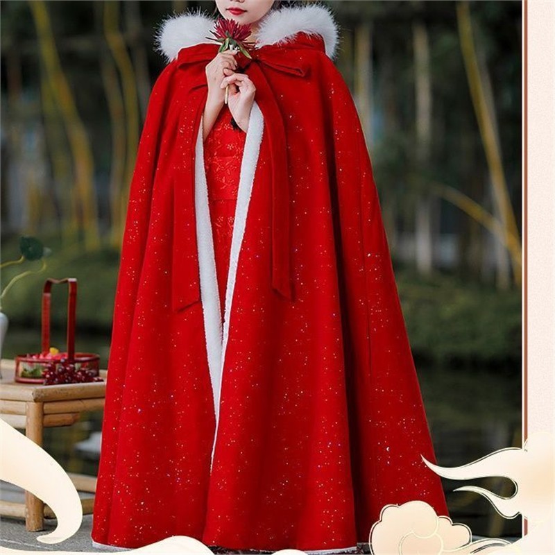 红色女童披风斗篷秋冬季儿童披肩汉服加绒古装拜年服外套外出大衣