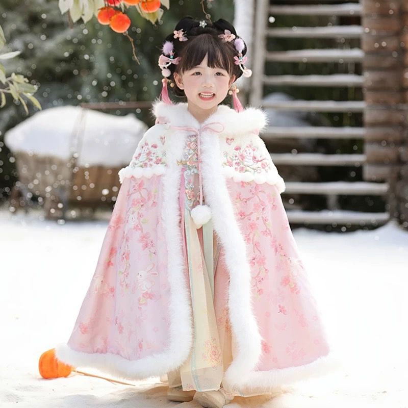 新款女童汉服斗篷冬季儿童披风拜年中国唐装古装保暖加绒