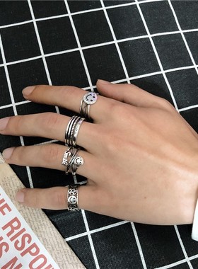 日韩创意笑脸戒指男女多层镀925银开口指环简约百搭情侣戒子礼物