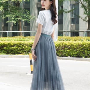 百褶仙女蓬蓬a字网红2022年春夏新款 网纱裙半身裙高腰中长款 大码