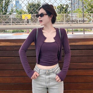 DouDou痘 秋季无袖吊带开衫两件套女显瘦长袖小个子修身上衣套装