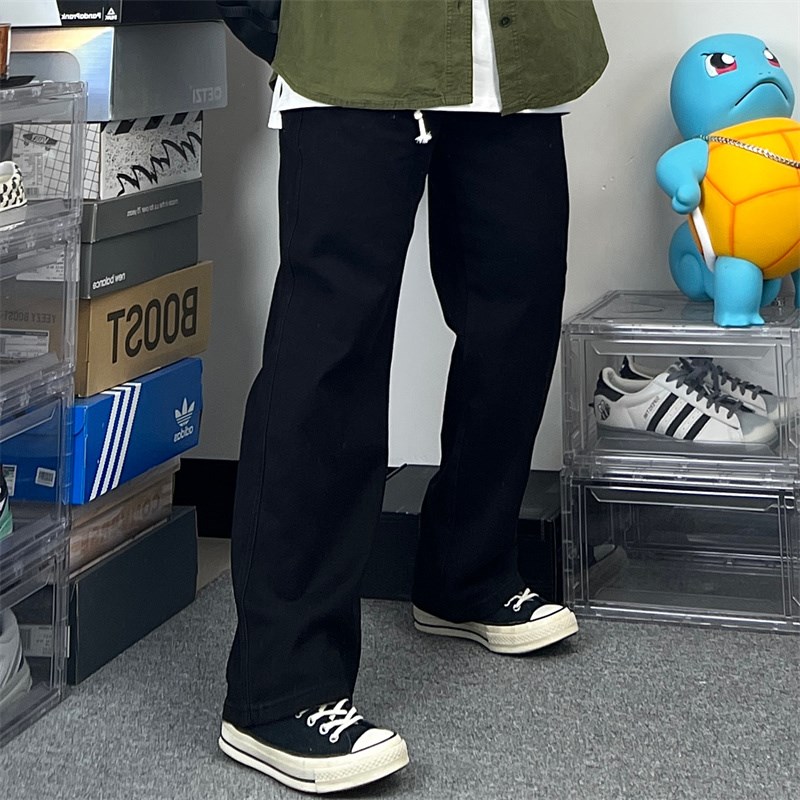 斌斌梨街头e硫化黑复古水洗斜纹抽绳直筒工装裤阔腿美式百搭牛仔