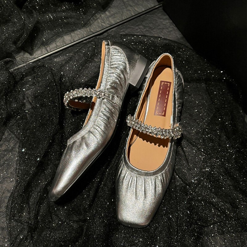 韩版2024新款真皮方头水钻w单鞋女银色气质低跟平底脚面绑带低帮