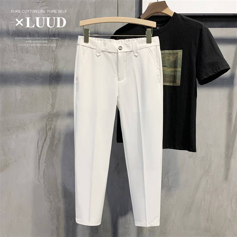 LUUD 男士白色半截松紧腰修身西装裤英伦绅士商务小W直筒九分裤子