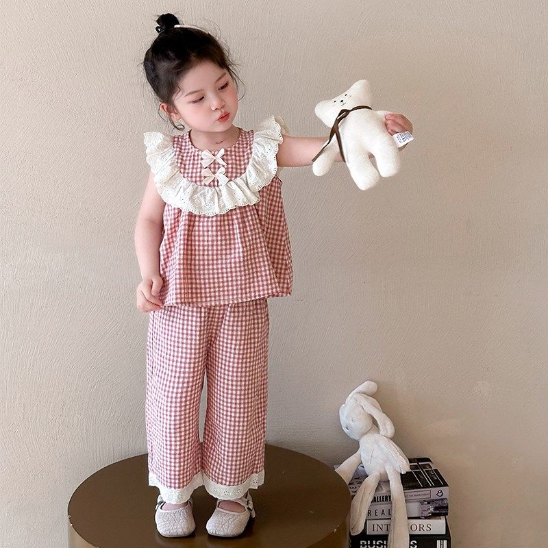 中小童纯棉套装2025新款女宝宝花边两件套女童洋气夏装格子娃娃衫,童装/婴儿装/亲子装,套装,淘宝优惠券,粉丝福利购,淘宝优惠卷