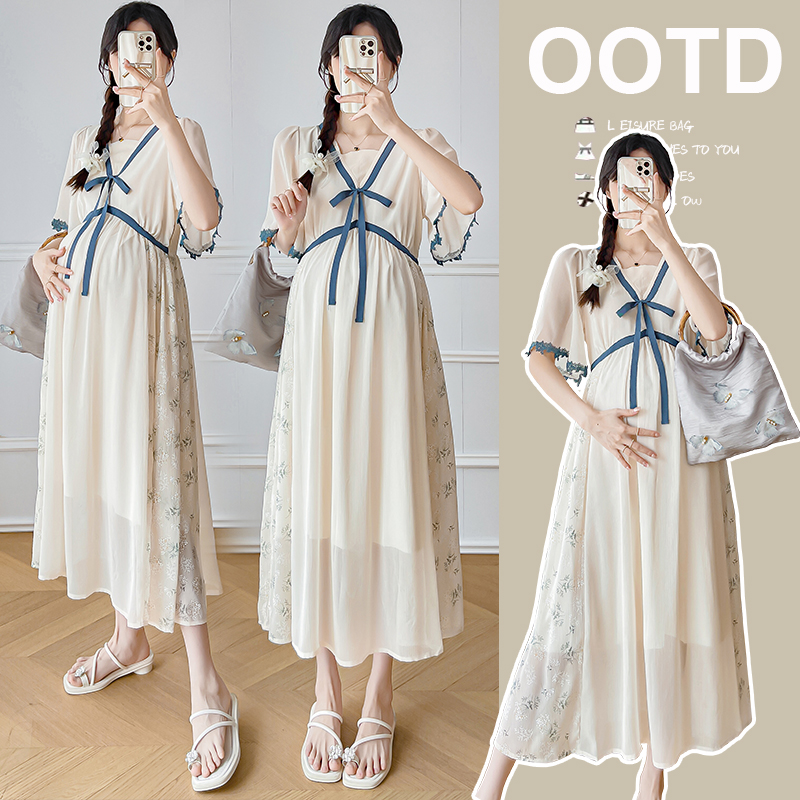 大码孕妇夏装短袖连衣裙国风新中式孕F妈妈遮肚宽松雪纺长裙200斤