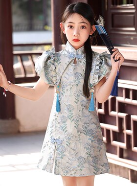 女童旗袍走秀礼服夏季儿童国风洋气裙子小女孩中式公主连衣裙绿色