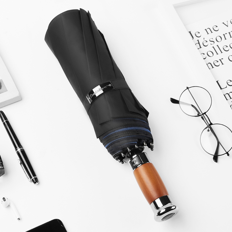 德国双层暴雨专用自动折叠伞大号三人雨伞男士超大木柄商务伞简约