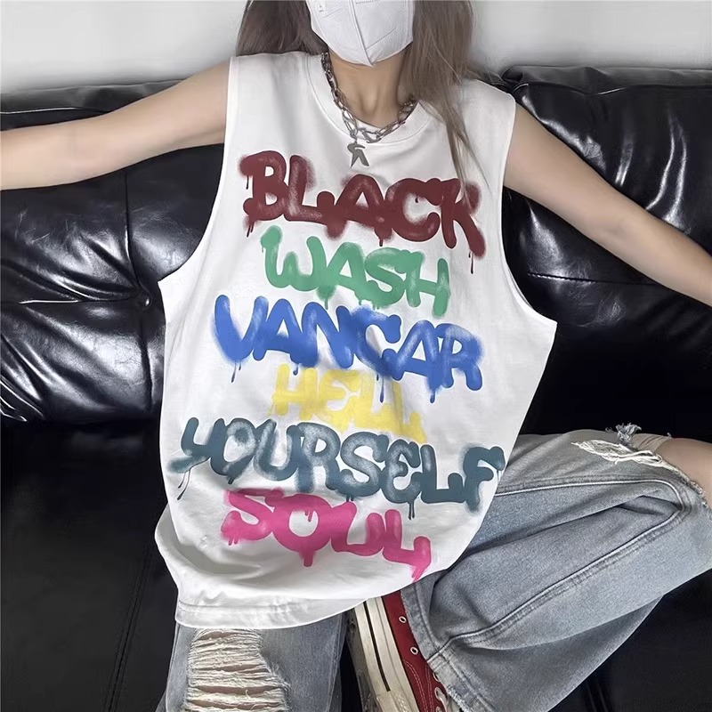 夏装大码300斤纯棉美p式涂鸦背心男女多巴胺穿搭宽松运动汗衫情侣