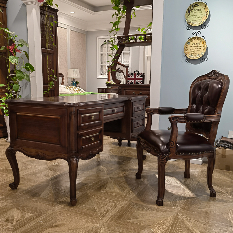 美式黑胡桃木书桌全实木办公桌电脑桌家用写字学习桌书房套房家具