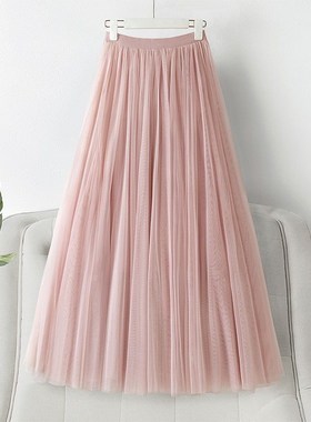 纱裙长半身裙女秋冬季2r023红色网纱半身蓬蓬纱裙大摆显瘦垂感裙