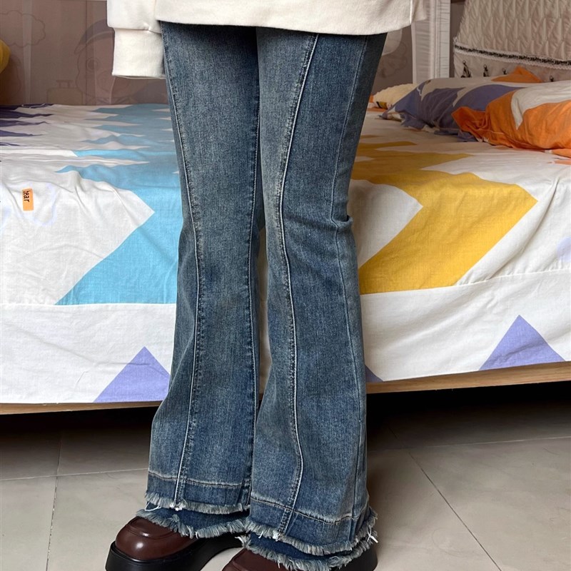 特大码复古毛边微喇牛仔裤女胖mm梨型身材高腰宽松显瘦阔腿长裤子