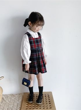 豆包君 23春秋韩版中小童女宝宝学院风洋气复古格子背带裙连衣裙