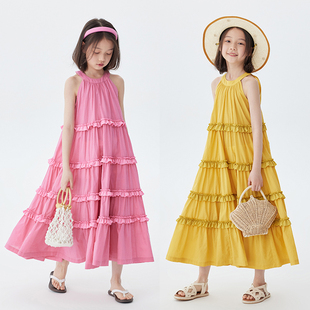 女童长款度假连衣裙夏季儿童多层花边蛋糕摆女大童挂脖背心公主裙