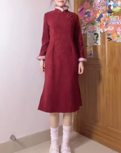 秋冬加绒加厚新娘婚礼敬酒服红色订婚旗袍新中式2025新款毛毛领