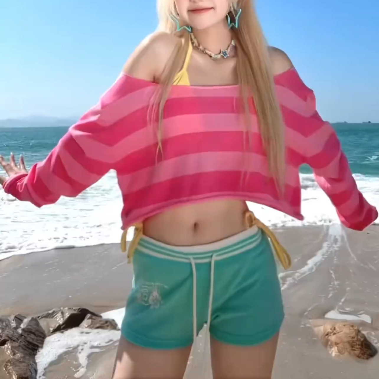 粉色撞色条纹露肩新款女士T恤长袖显瘦薄款夏季2026上衣可外穿