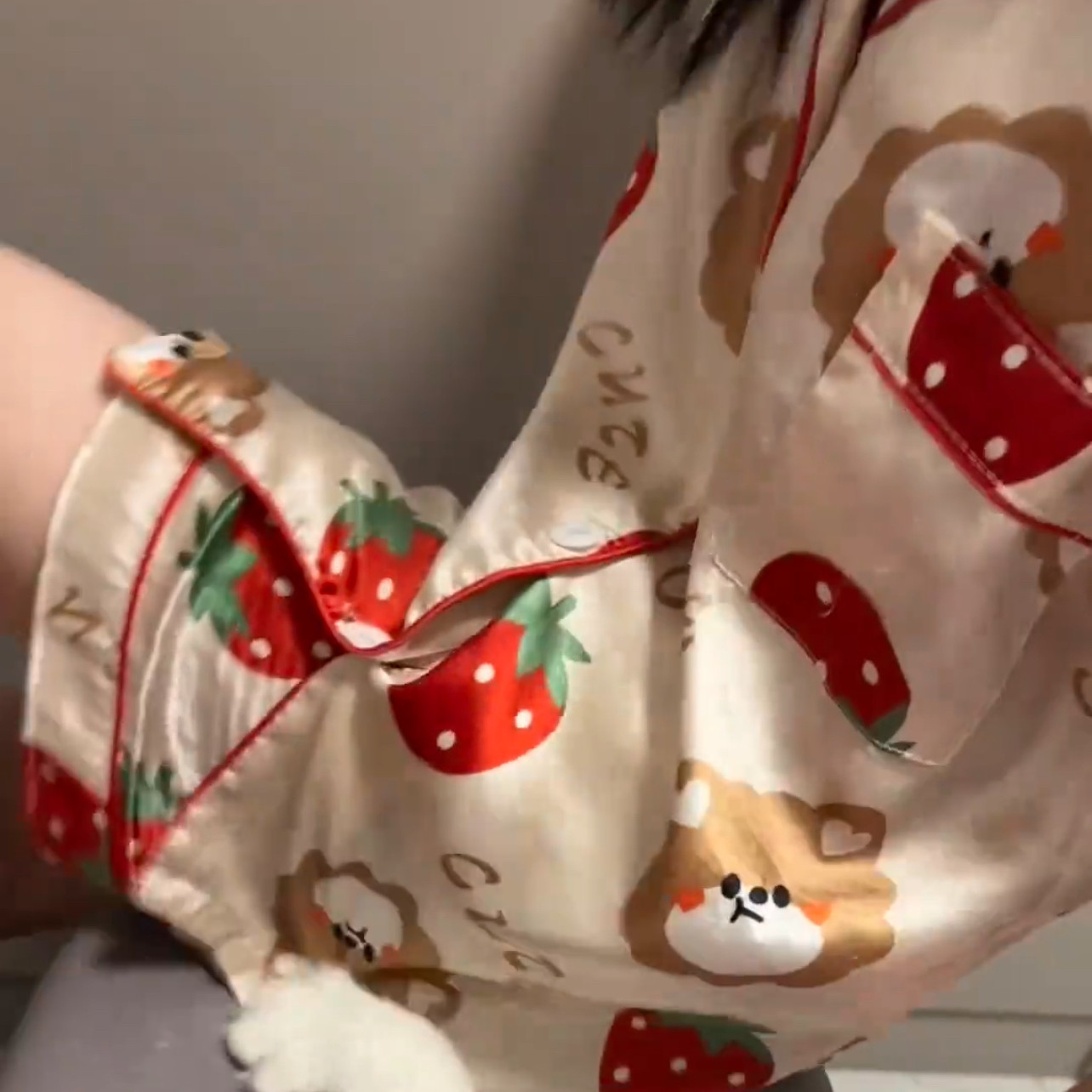 短袖女孩亲子家居服套装儿童睡衣翻领可爱小熊草莓夏季冰丝薄款