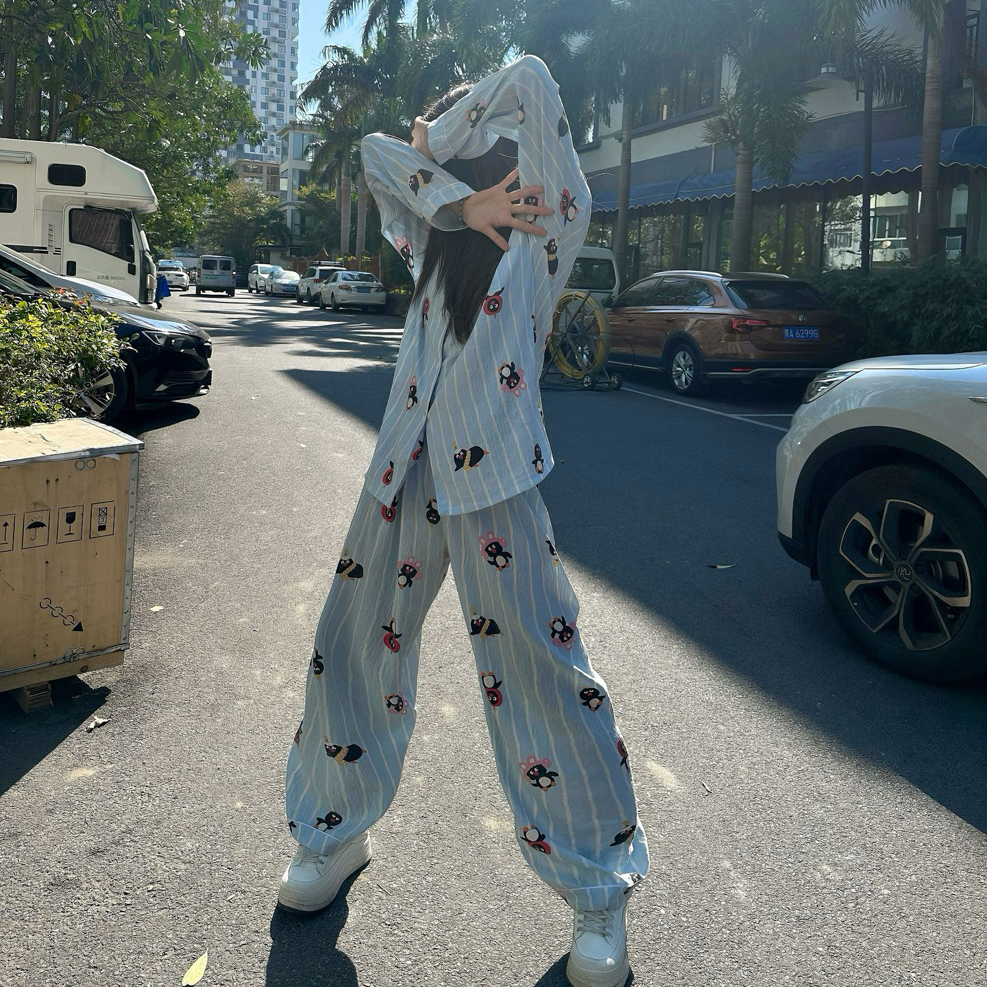 简约条纹睡衣女抖音同款新款ins风卡通企鹅长袖居家服套装