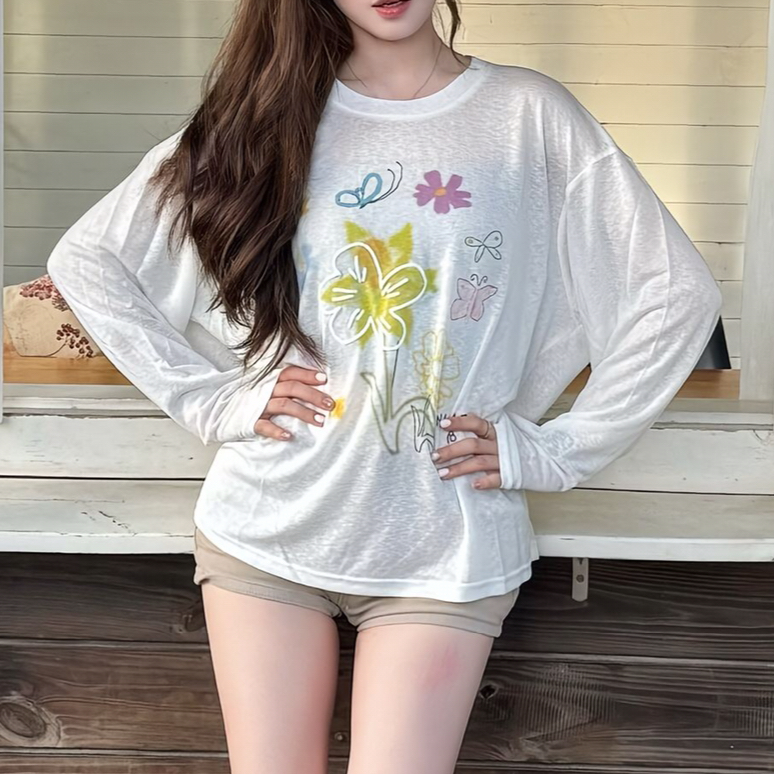 休闲花卉印花微透防晒设计罩衫宽松白色美式慵懒长袖T恤夏季上衣