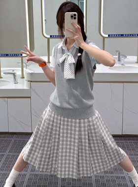 2025新款jk宽腰封前箱褶裙子女可爱刺绣制服格裙格子裙
