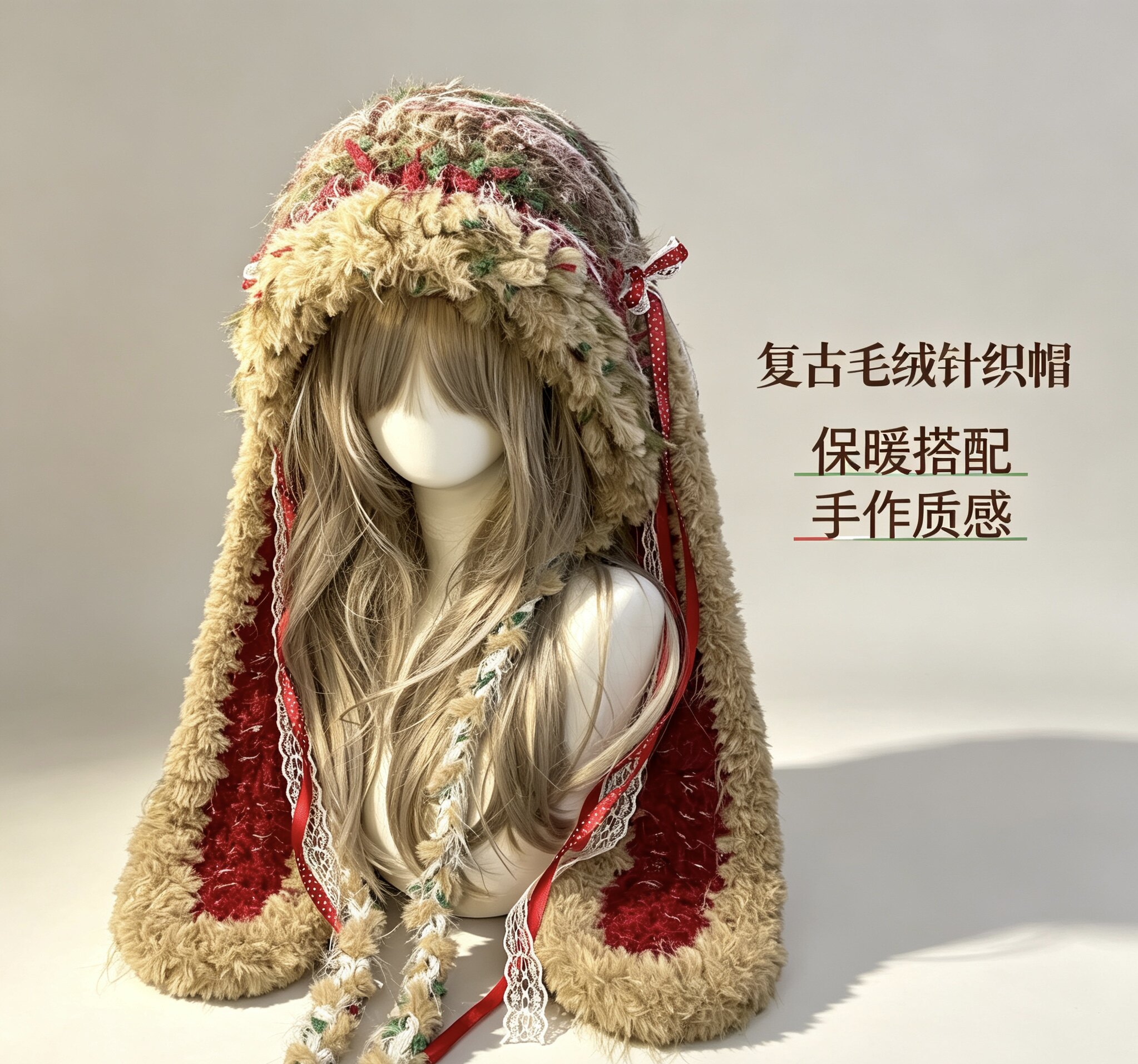 秋冬圣诞系列可爱兔耳手工毛绒帽子加厚保暖护耳显脸小适合学生