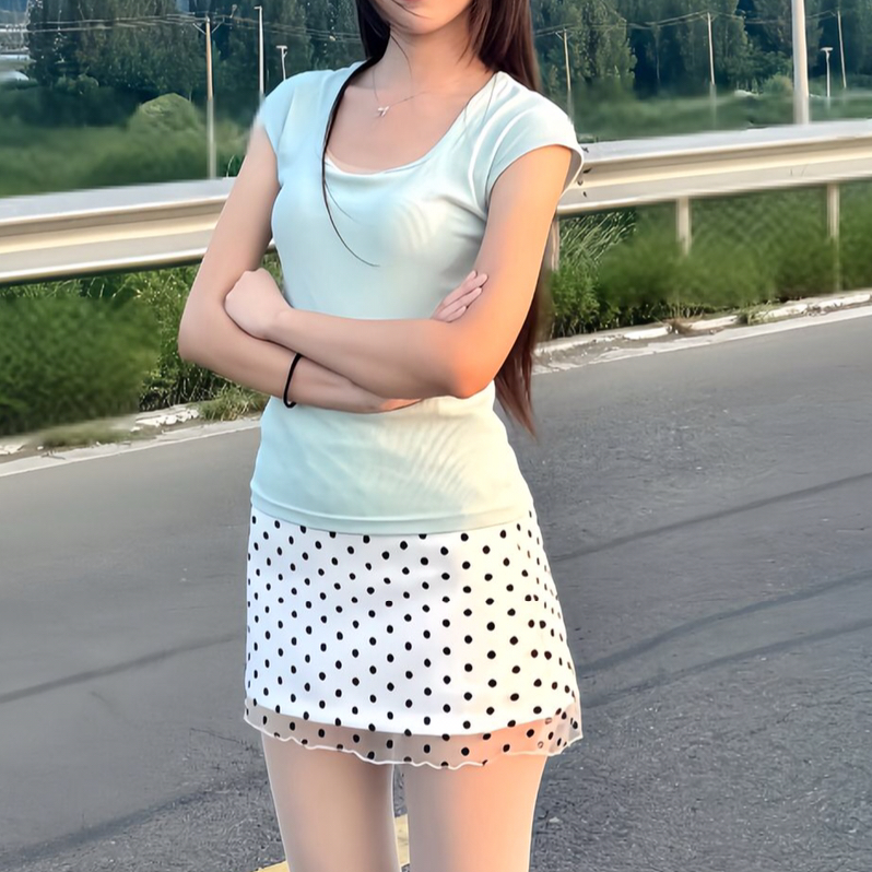 方领正肩T恤上衣高腰显瘦半身裙潮套装女2025夏季辣妹薄荷绿针织