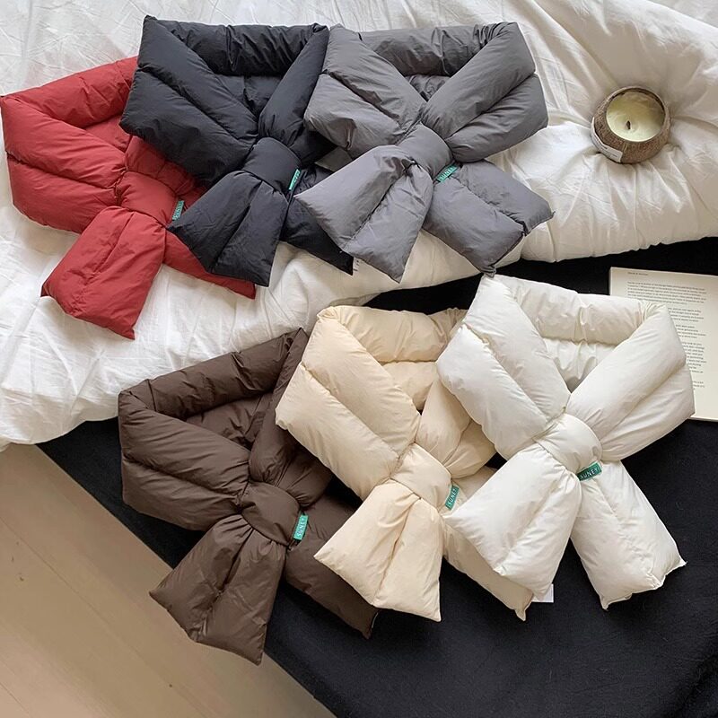 巨保暖交叉围脖女新款羽绒棉小围巾秋冬韩版简约百搭加厚装饰护颈