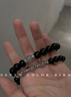 情侣款手链复古风黑珠子手串ins小众设计简约闺蜜学生手饰女