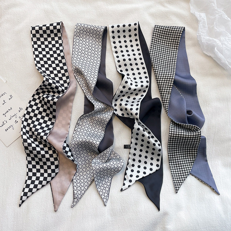 韩国黑色系简约双层双面缎面仿真丝小领巾护颈长条丝巾女飘带绑包