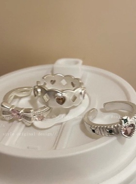 哑光蝴蝶结爱心戒指女秋冬高级感小众设计食指戒甜酷辣妹闺蜜