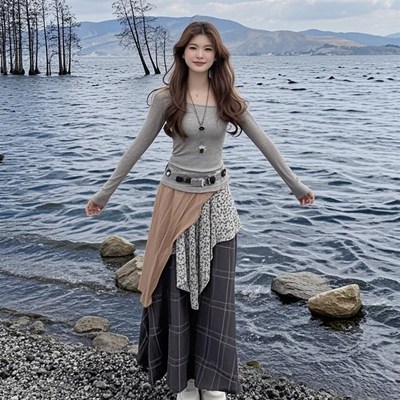 美式废土风套装i女春季辣妹不规则斜领T恤短款上衣格子半身裙两件