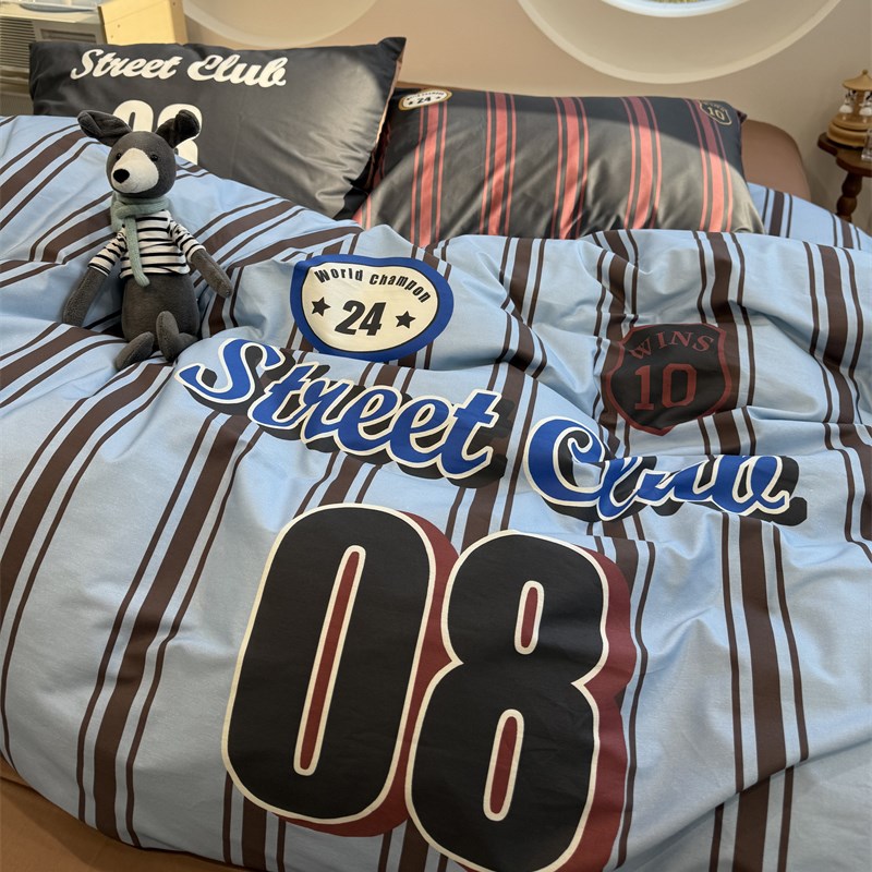 英伦红蓝条纹学院床上四件套全棉纯棉1.5m1.8宿舍被套床单三件套