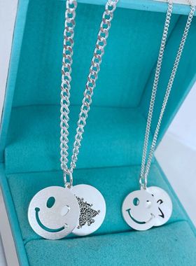 999纯银项链马鞭链笑脸刻图刻字定制银牌宝宝儿童项链锁骨链日韩
