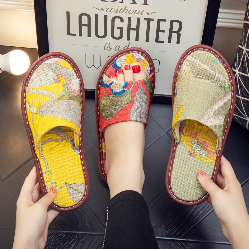 夏季中式印花家居亚麻凉拖鞋女室内情侣防滑牛筋底居家棉麻拖鞋男,居家布艺,居家凉拖/凉鞋,淘宝优惠券,粉丝福利购,淘宝优惠卷